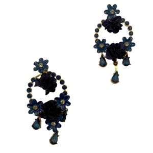 Navy, black & gold-tone floral enamel, crystal, & ribbon oval pierced earring